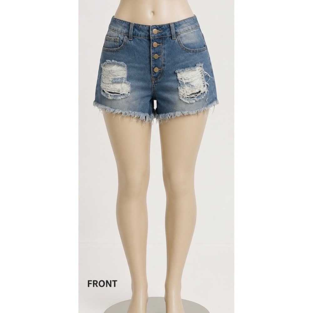 High Waisted Distressed Denim Shorts Medium Wash Button Fly Frayed Hem Large